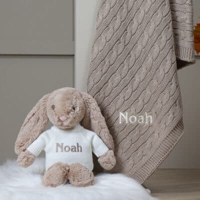 Personalised Toffee Moon luxury fudge cable baby blanket and beige Jellycat bashful bunny Baby Shower Gifts 2