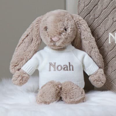 Personalised Toffee Moon luxury fudge cable baby blanket and beige Jellycat bashful bunny Baby Shower Gifts 3