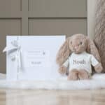 Personalised Toffee Moon luxury fudge cable baby blanket and beige Jellycat bashful bunny Baby Shower Gifts 8