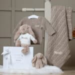 Personalised Toffee Moon luxury fudge cable baby blanket and beige Jellycat bashful bunny Baby Shower Gifts 7
