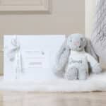 Personalised Toffee Moon luxury glacier grey cable baby blanket and silver Jellycat bashful bunny Baby Shower Gifts 8