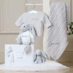 Personalised Toffee Moon luxury glacier grey cable baby blanket and silver Jellycat bashful bunny Baby Shower Gifts 7