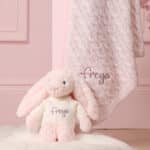 Personalised Toffee Moon luxury petal pink cable baby blanket and pale pink Jellycat bashful bunny Gift Sets 3