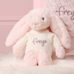 Personalised Toffee Moon luxury petal pink cable baby blanket and pale pink Jellycat bashful bunny Gift Sets 4