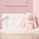 Personalised Toffee Moon luxury petal pink cable baby blanket and pale pink Jellycat bashful bunny Gift Sets 9