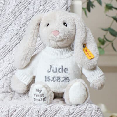 Personalised My First Steiff beige rabbit and Toffee Moon luxury cable blanket gift set Gift Sets 2