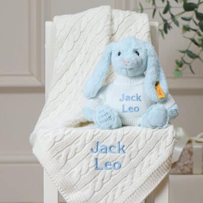 Personalised My First Steiff blue rabbit and Toffee Moon luxury cable blanket gift set Gift Sets