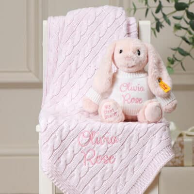 Personalised My First Steiff pink rabbit and Toffee Moon luxury cable blanket gift set Gift Sets
