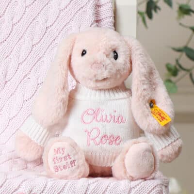 Personalised My First Steiff pink rabbit and Toffee Moon luxury cable blanket gift set Gift Sets 2