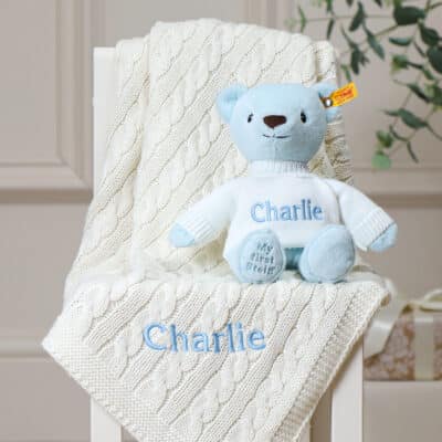 Personalised My First Steiff blue teddy bear and Toffee Moon luxury cable blanket gift set Gift Sets