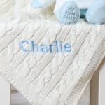 Personalised My First Steiff blue teddy bear and Toffee Moon luxury cable blanket gift set Gift Sets 5