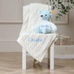 Personalised My First Steiff blue teddy bear and Toffee Moon luxury cable blanket gift set Gift Sets 6