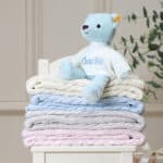 Personalised My First Steiff blue teddy bear and Toffee Moon luxury cable blanket gift set Gift Sets 7