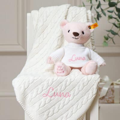 Personalised My First Steiff pink teddy bear and Toffee Moon luxury cable blanket gift set Gift Sets