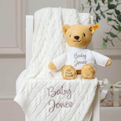 Personalised My First Steiff tan teddy bear and Toffee Moon luxury cable blanket gift set Gift Sets