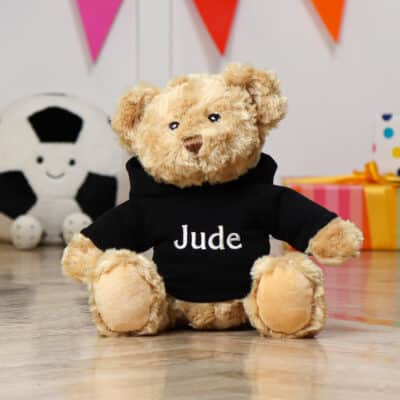 Personalised Keeleco medium Dougie bear with black hoodie Birthday Gifts