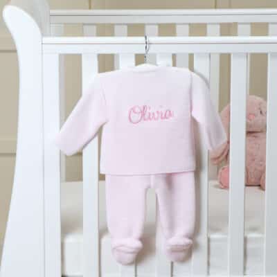 Dandelion pink personalised knitted jacket and leggings set Baby Wear