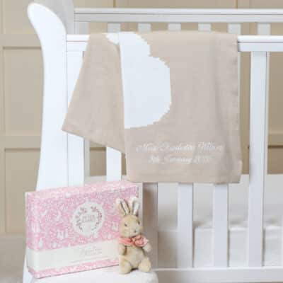 Personalised Flopsy Bunny signature knitted blanket and soft toy gift set Birthday Gifts