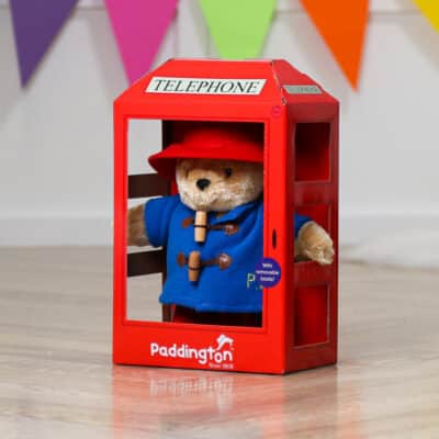 Classic personalised Paddington Bear with boots and telephone box Characters