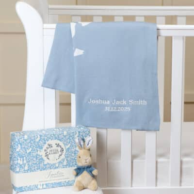Personalised Peter Rabbit signature knitted blanket and soft toy gift set Birthday Gifts
