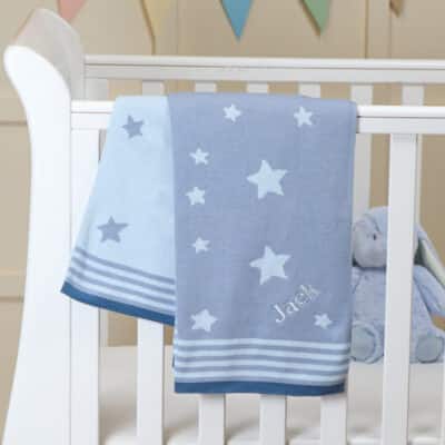 Ziggle personalised blue stars cotton knitted baby blanket Birthday Gifts