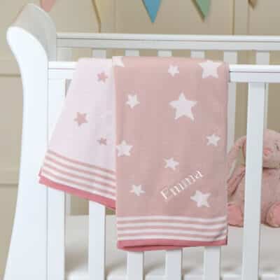 Ziggle personalised pink stars cotton knitted baby blanket Birthday Gifts