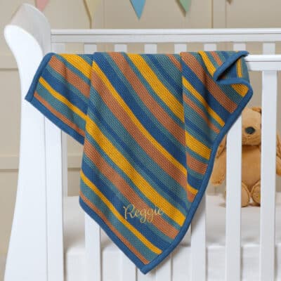 Ziggle personalised blue, orange and yellow stripe cotton knitted baby blanket Christmas Gifts 2