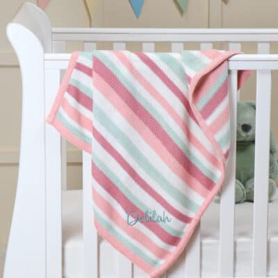 Ziggle personalised pink and green stripe cotton knitted baby blanket Christmas Gifts