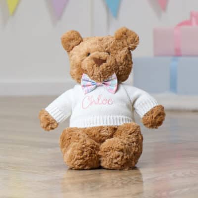 Personalised Jellycat bartholomew medium bear with Liberty London betsy pink and blue flowers print bow tie Christmas Gifts