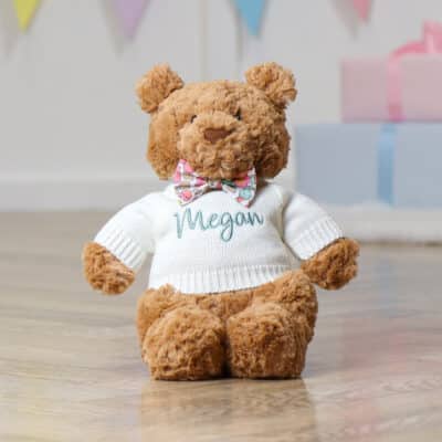 Personalised Jellycat bartholomew medium bear with Liberty London betsy pink flowers print bow tie Christmas Gifts 3