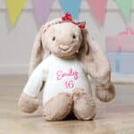 Personalised Jellycat large beige bashful bunny with Liberty London betsy pink bow scrunchie Christmas Gifts 3