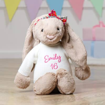 Personalised Jellycat large beige bashful bunny with Liberty London betsy pink bow scrunchie Christmas Gifts
