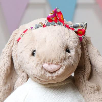 Personalised Jellycat large beige bashful bunny with Liberty London betsy pink bow scrunchie Christmas Gifts 2