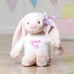 Personalised Jellycat blush pink bashful bunny with Liberty London betsy pink and lilac flowers print ear bow Christmas Gifts 3