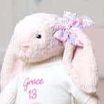 Personalised Jellycat blush pink bashful bunny with Liberty London betsy pink and lilac flowers print ear bow Christmas Gifts 5
