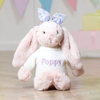 Personalised Jellycat blush pink bashful bunny with Liberty London felicity sherbert lilac print bunny ears scrunchie Christmas Gifts