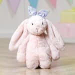 Personalised Jellycat blush pink bashful bunny with Liberty London felicity sherbert lilac print bunny ears scrunchie Christmas Gifts 4