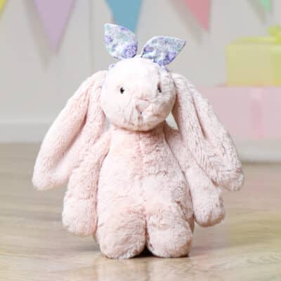 Personalised Jellycat blush pink bashful bunny with Liberty London felicity sherbert lilac print bunny ears scrunchie Christmas Gifts 2