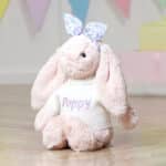 Personalised Jellycat blush pink bashful bunny with Liberty London felicity sherbert lilac print bunny ears scrunchie Christmas Gifts 6