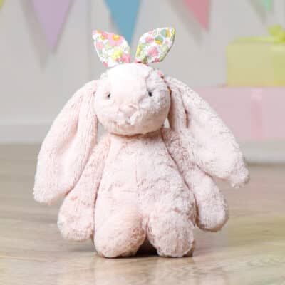 Personalised Jellycat blush pink bashful bunny with Liberty London betsy pink flowers print bunny ears scrunchie Christmas Gifts 2