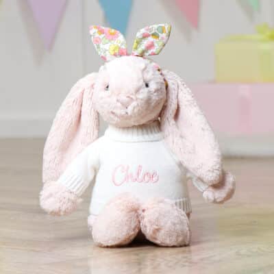 Personalised Jellycat blush pink bashful bunny with Liberty London betsy pink flowers print bunny ears scrunchie Christmas Gifts