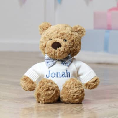Personalised Jellycat small bumbly bear with Liberty London blue star bow tie Christmas Gifts 2