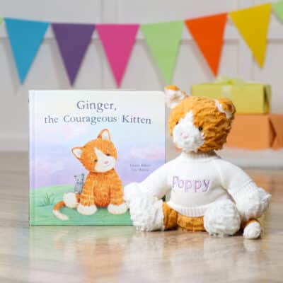 Personalised Jellycat fuddlewuddle cat and Ginger the courageous kitten book gift set Jellycat 2