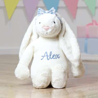 Personalised Jellycat large cream bashful bunny with Liberty London blue floral bow scrunchie Christmas Gifts