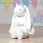 Personalised Jellycat large cream bashful bunny with Liberty London blue floral bow scrunchie Christmas Gifts 7