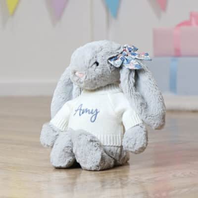 Personalised Jellycat silver bashful bunny with Liberty London betsy blue flowers print ear bow Christmas Gifts