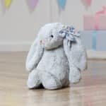 Personalised Jellycat silver bashful bunny with Liberty London betsy blue flowers print ear bow Christmas Gifts 4