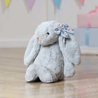Personalised Jellycat silver bashful bunny with Liberty London betsy blue flowers print ear bow Christmas Gifts 2