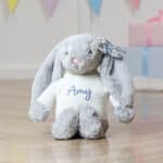Personalised Jellycat silver bashful bunny with Liberty London betsy blue flowers print ear bow Christmas Gifts 6