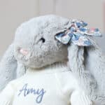 Personalised Jellycat silver bashful bunny with Liberty London betsy blue flowers print ear bow Christmas Gifts 5
